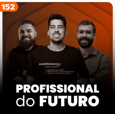 Capa do podcast Papo de Vendedor, na cor laranja escuro, e título, na cor branca, O Profissional de vendas do futuro. Ao centro, a foto do convidado Theo Orosco, e dos hosts Daniel Mestre e Leandro Munhoz.