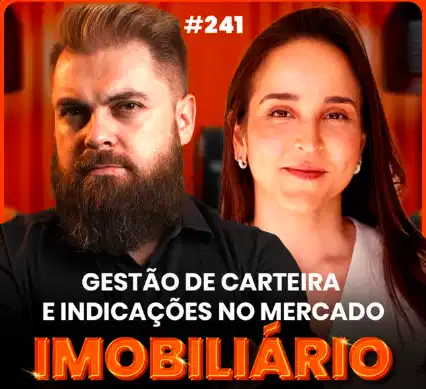 Capa do podcast Papo de Vendedor com a foto da convidada à direita, Duda Fazano, corretora, e o host, Leandro Munhoz, à esquerda. Abaixo, o título, na cor branca e laranja, Gestão de carteira e indicações no mercado imobiliário. Sobre a profissão de corretor de imóveis autônomo.