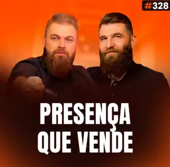 Capa do podcast Papo de Vendedor, na cor laranja, com a foto do convidado, Rafael Perez, à direita. À esquerda, a foto do host, Leandro Munhoz. Abaixo, o título, na cor branca, Presença que Vende, sobre Venda externa B2B.