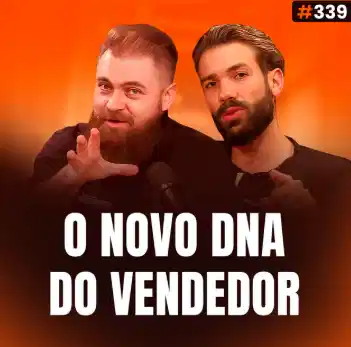 Capa do podcast Papo de Vendedor na cor laranja e a foto dos hosts, Leandro Munhoz e Daniel Mestre. Abaixo, o título da capa, O Novo DNA do Vendedor, sobre como vender mais e produtividade em vendas.
