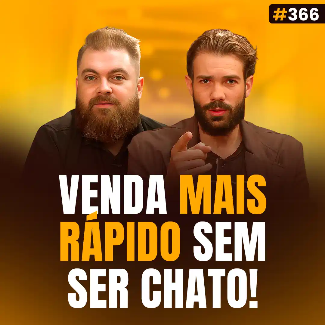 Capa do podcast Papo de Vendedor na cor amarela com a fotos dos hosts, Daniel Mestre e Leandro Munhoz, ao centro. Abaixo, o título da capa, Venda Mais Rápido Sem Ser Chato, sobre Técnicas Para Acelerar o Ciclo de Vendas Sem Ser Agressivo!