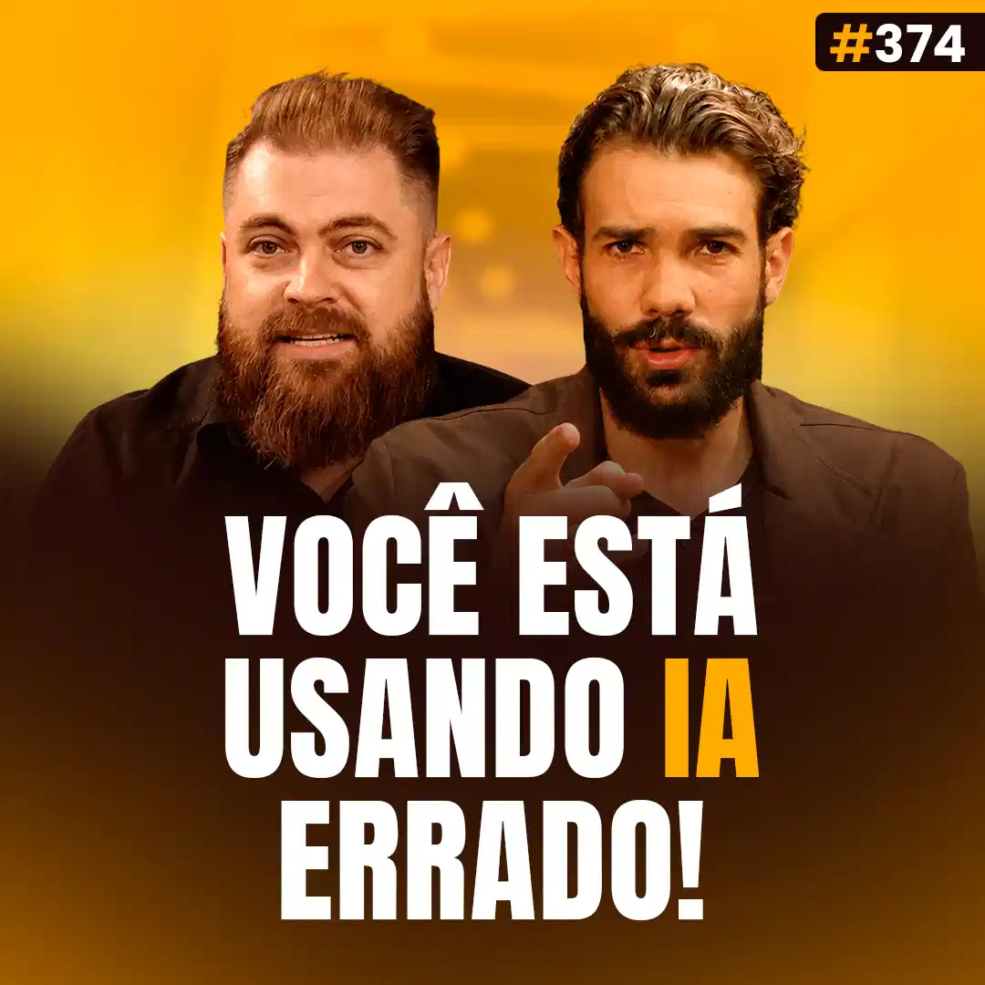 Capa do podcast Papo de Vendedor na cor amarela, e a foto dos hosts, Leandro Munhoz e Daniel Mestre ao centro. Abaixo, o título da capa, Você está Usando IA Errado, sobre os 5 erros de prospecção com IA.