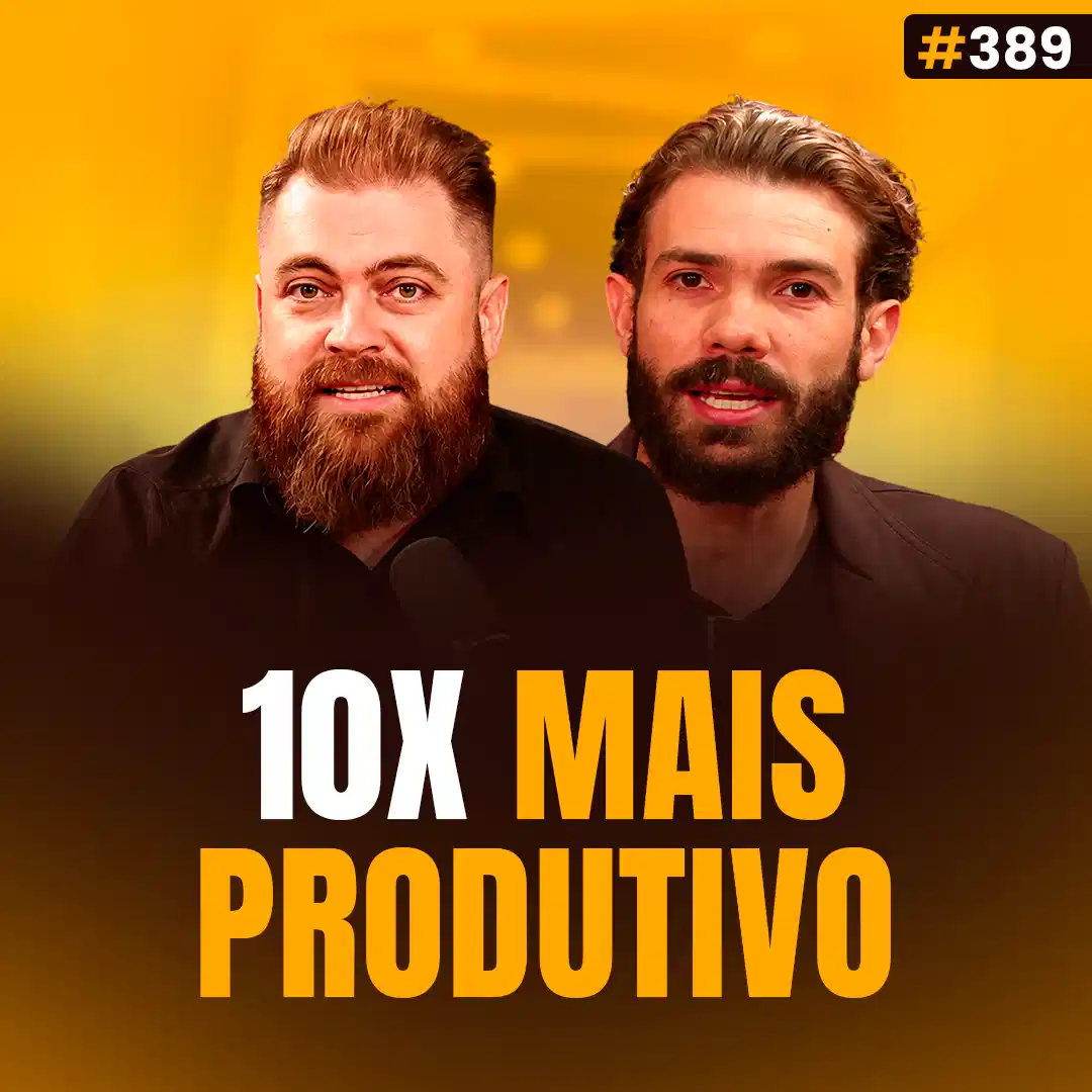 Capa do podcast Papo de Vendedor na cor amarela com a foto dos hosts, Leandro Munhoz e Daniel Mestre. Abaixo, o título da capa 10x Mais Produtivo, sobre IA para vendas: ferramentas de inteligência artificial usadas por vendedores B2B.